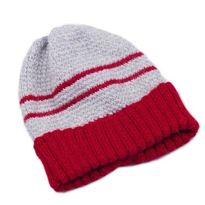 Alternate image for Mens Red and Grey Striped Alpaca Blend Hat from Peru Winters Embrace in Red