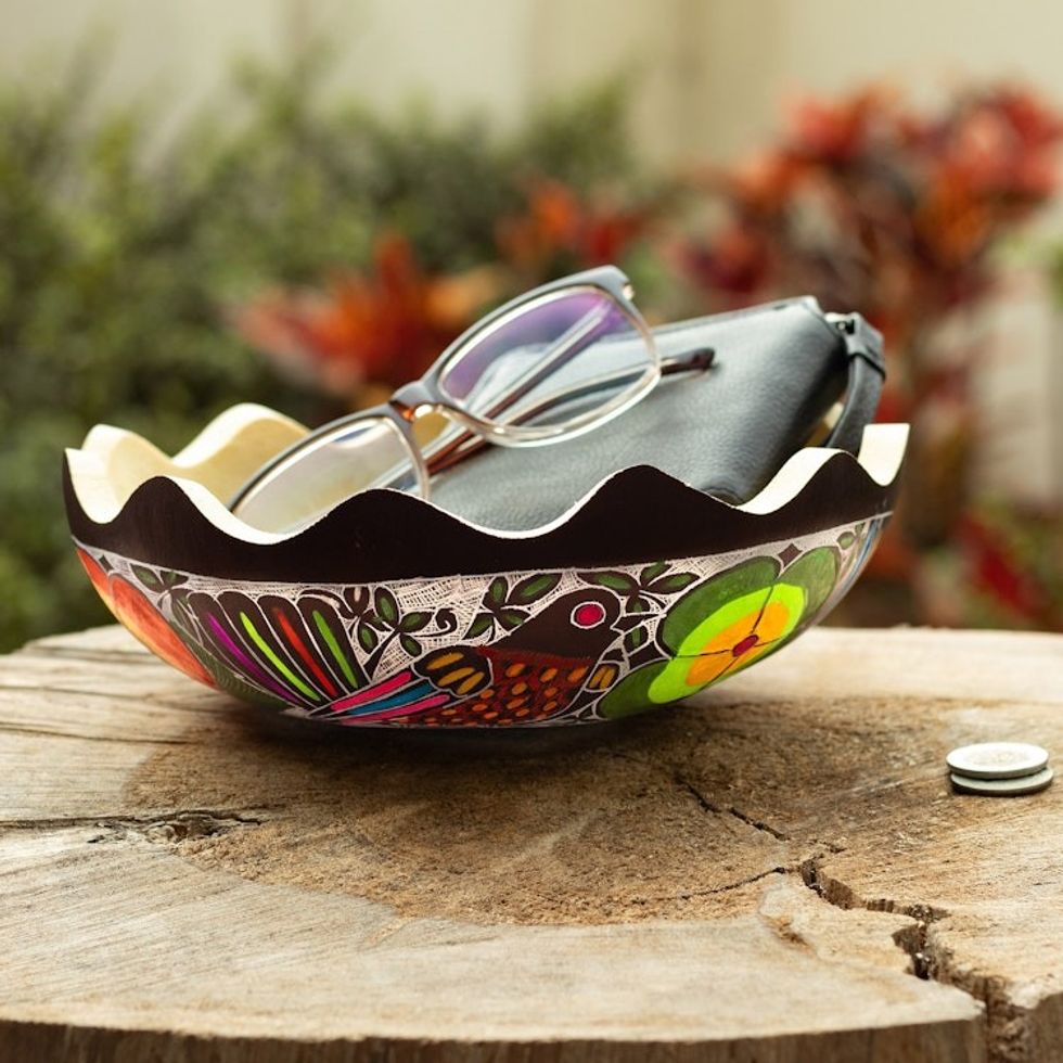 Hand-Painted and Carved Dried Gourd Catchall from Peru 'Sweet Spring Scent'