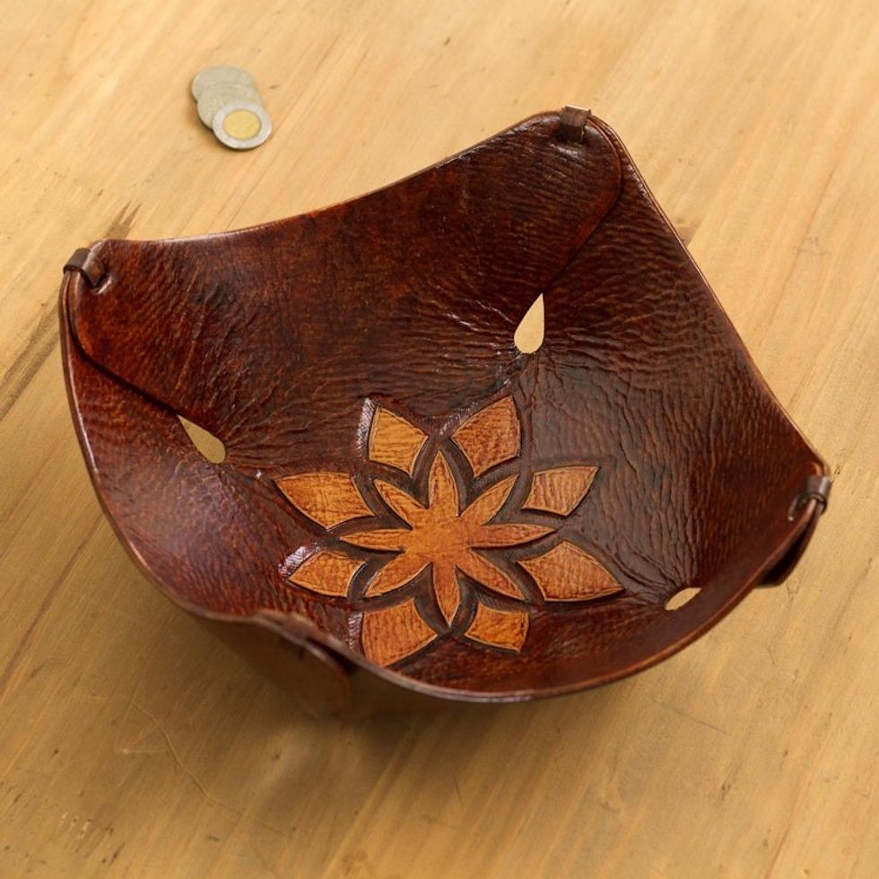 Fair Trade Floral Tooled Leather Catchall from Peru 'Caramel Star Tattoo'