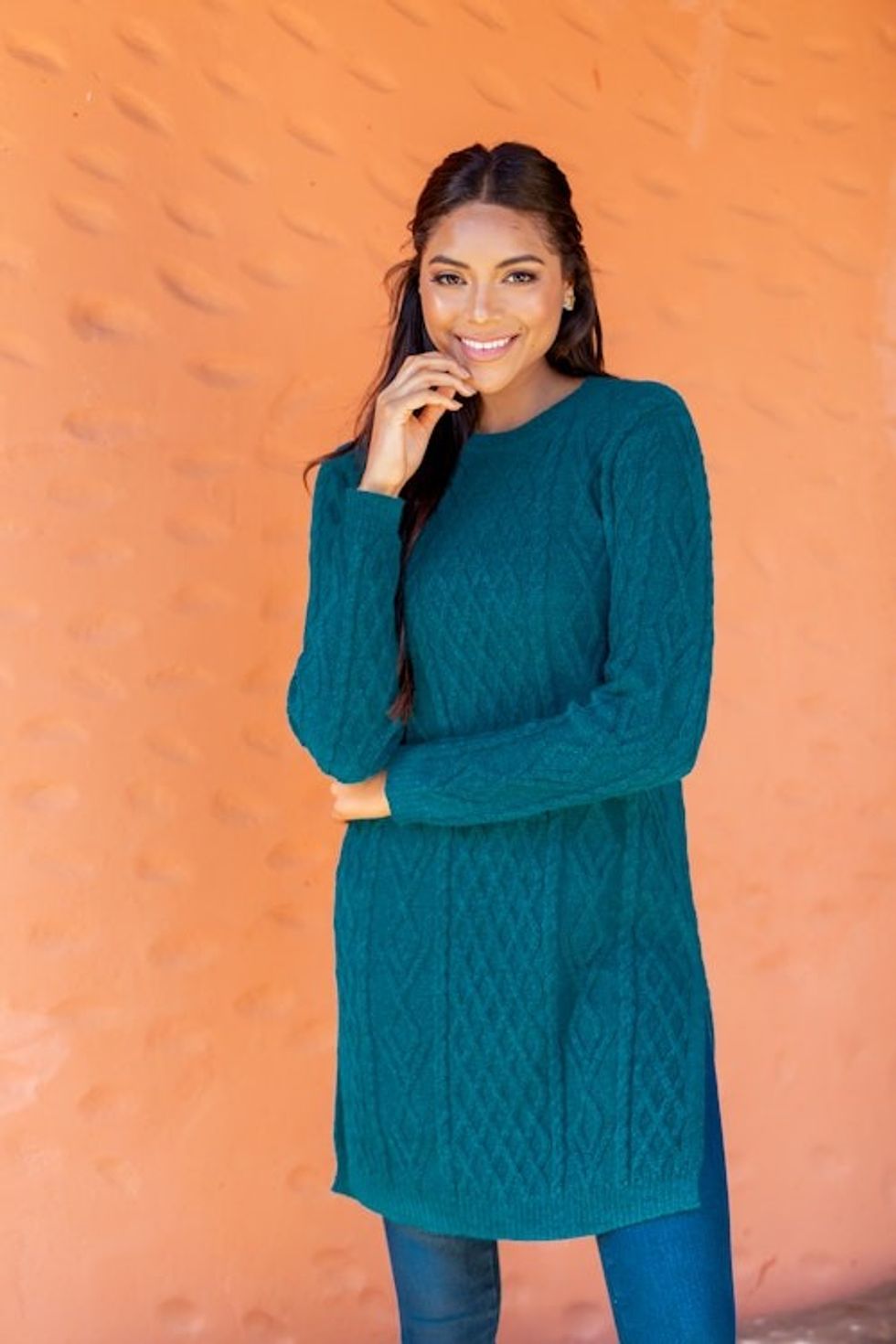 Baby Alpaca Teal Cable Knit Tunic Sweater Dress 'Winter Teal'