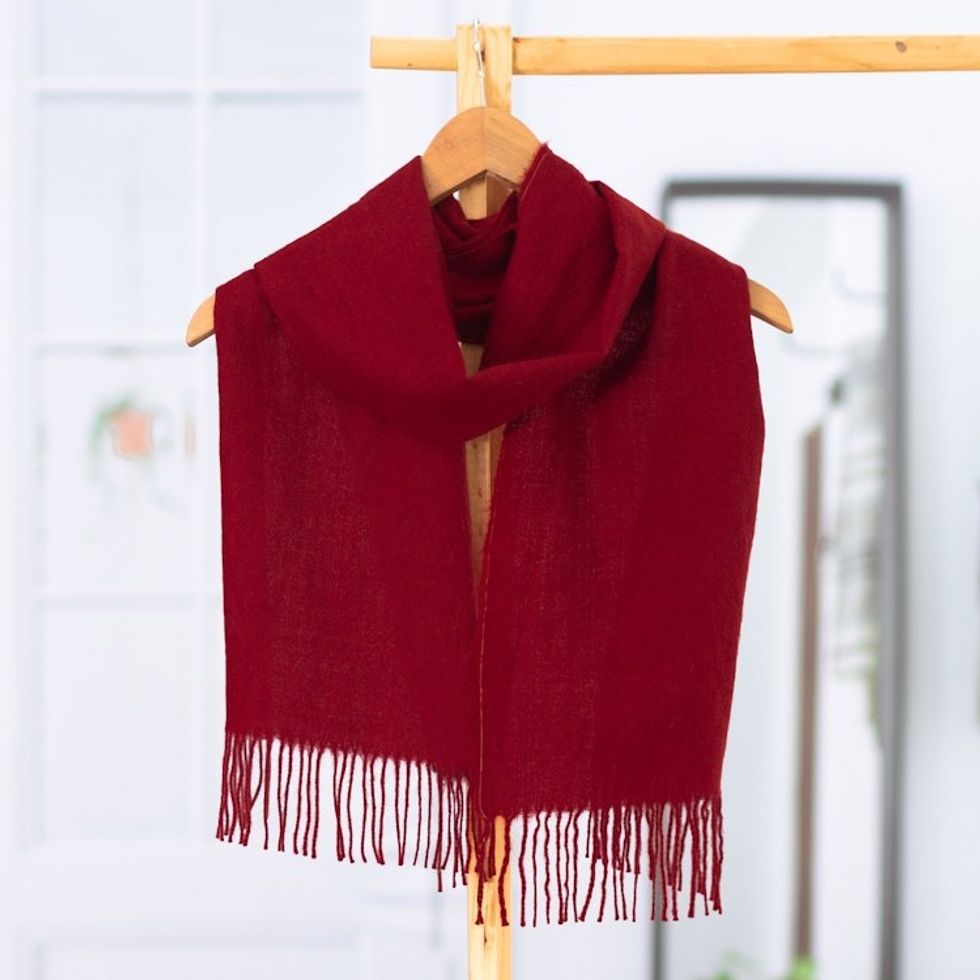 100 Alpaca Fringed Scarf in Red Hand-Woven in Peru 'Red Tide'
