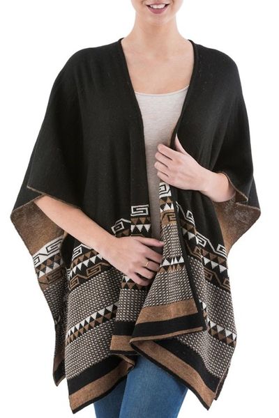 Alternate image for Reversible Alpaca Blend Ruana in Black and Golden Brown Incan Kingdom in Golden Brown