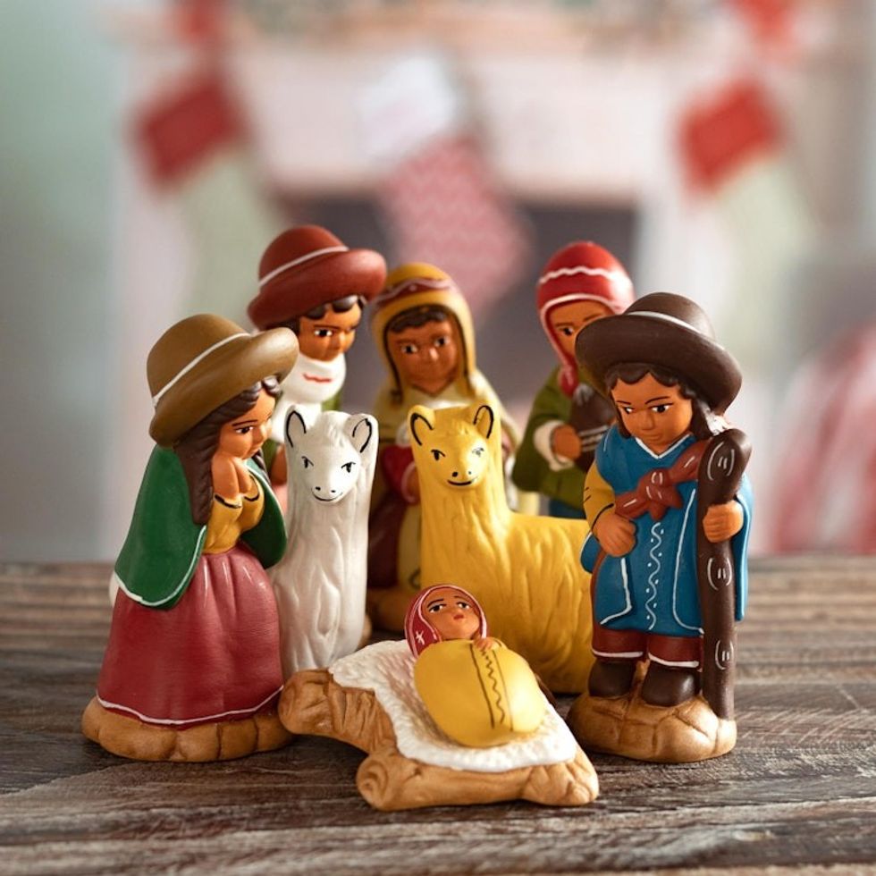 Ceramic Andean Nativity Scene with Llamas from Peru 8 Pcs 'Andean Birth'