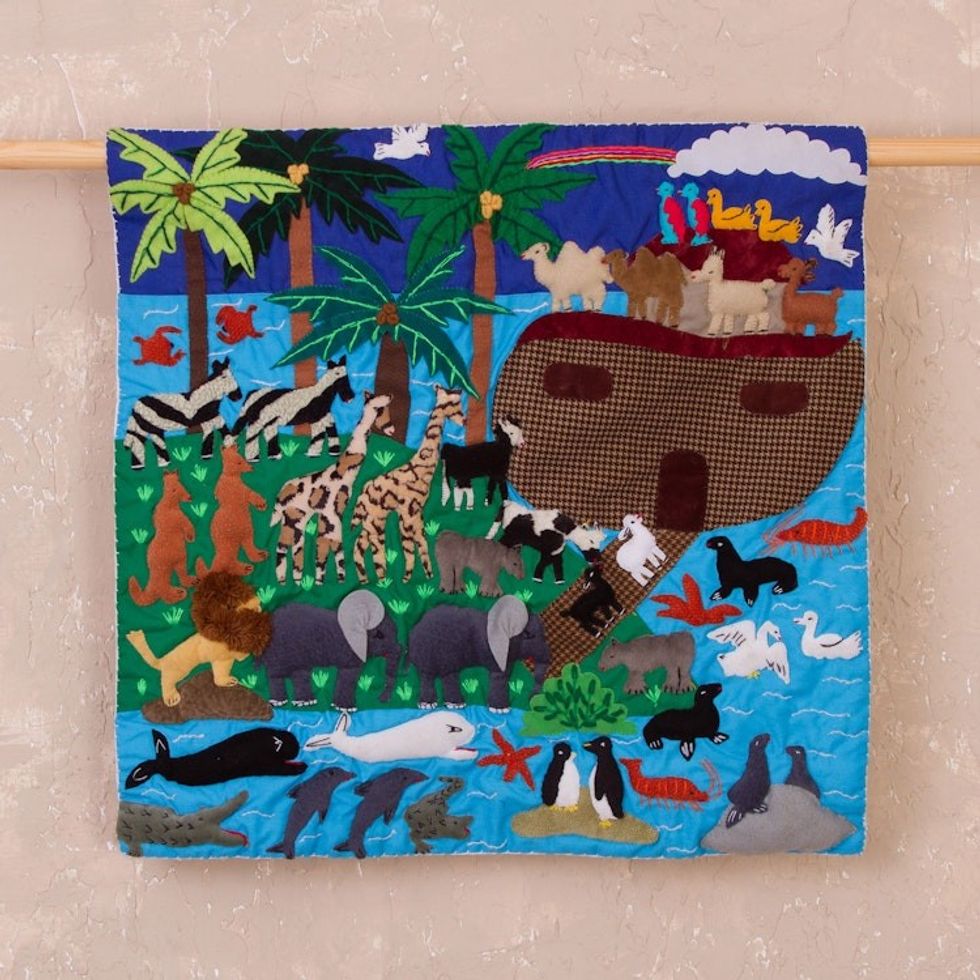 Multicolor Cotton Blend Noah's Ark Applique Wall Hanging 'After the Rainbow'