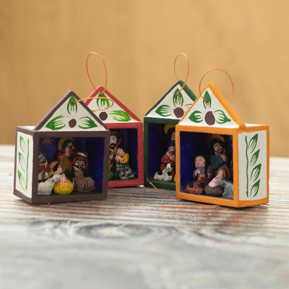 Hand-Painted Retablo Nativity Ornaments Set of 4 'Celebrating the Season'