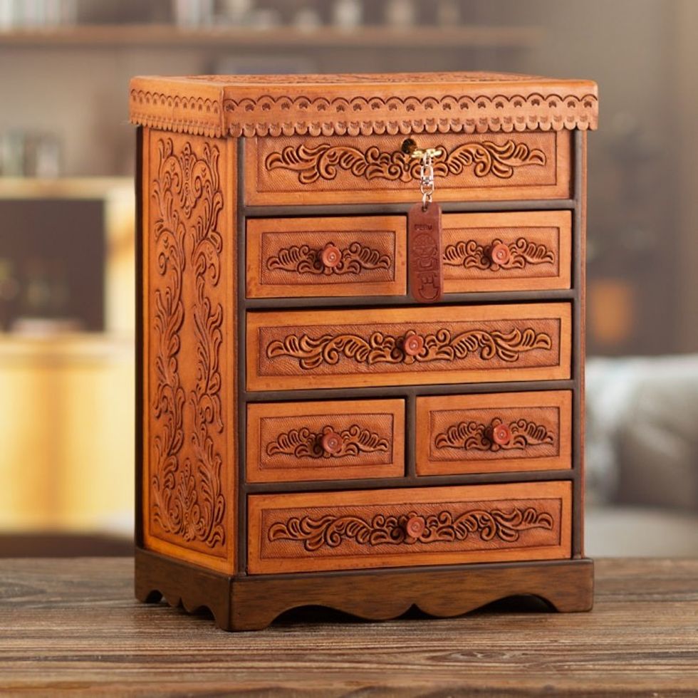 Handcrafted Traditional Brown Wood and Leather Jewelry Box 'Baroque Secrets'