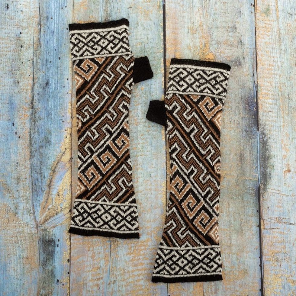 Knit 100 Baby Alpaca Fingerless Mitts Crafted in Peru 'Serpents and Waves'