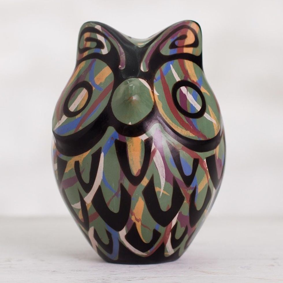 Chulucanas Ceramic Owl Figurine in Green from Peru 'Green Chulucanas Sentinel'