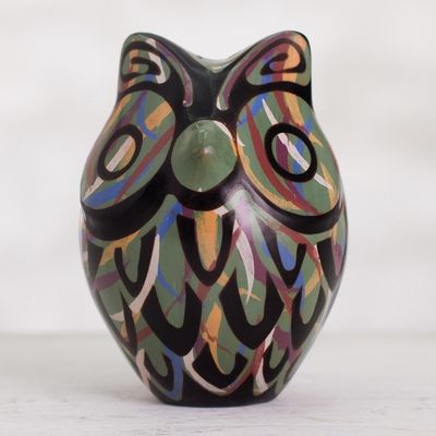 Alternate image for Chulucanas Ceramic Owl Figurine in Green from Peru Green Chulucanas Sentinel