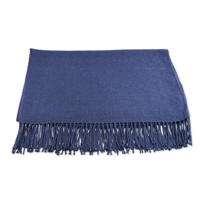 Alternate image for Alpaca and AcrylicThrow Blanket with Fringe in Denim Blue Puno Traditions in Blue