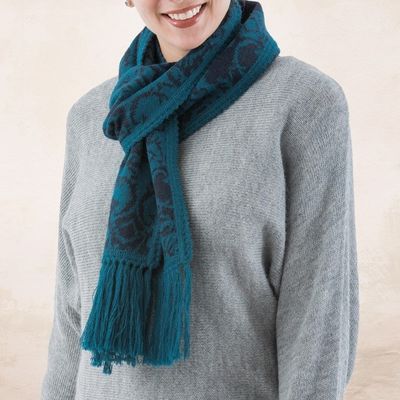 Alternate image for Turquoise and Blue Reversible Alpaca Blend Jacquard Scarf Turquoise and Blueberry