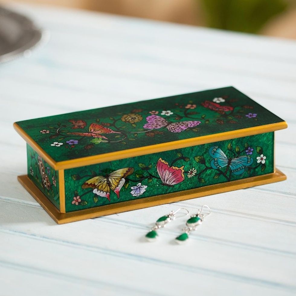 Reverse Painted Glass Butterfly Decorative Box in Emerald 'Butterfly Jubilee in Emerald'