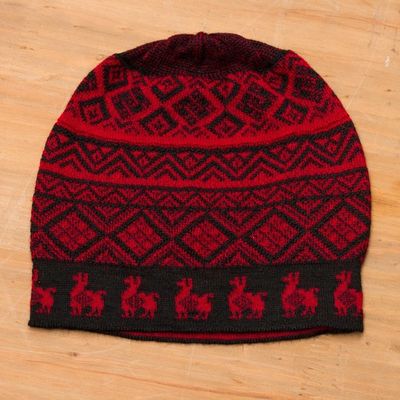 Alternate image for Black and Crimson Red Diamond Motif Alpaca Blend Knit Hat Alpaca Parade in Red