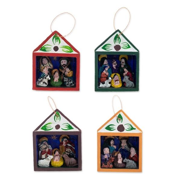 Alternate image for Hand-Painted Retablo Nativity Ornaments Set of 4 Celebrating the Season