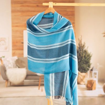 Alternate image for Loomed Striped Cerulean and Midnight 100 Alpaca Shawl Cerulean Lagoon