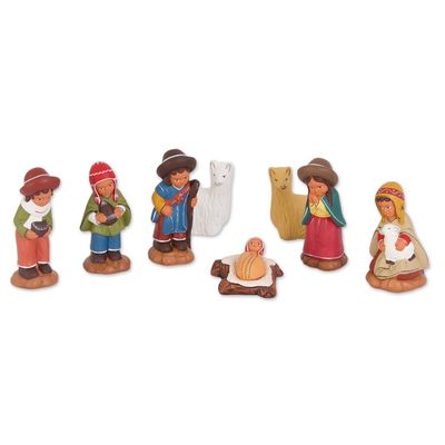 Alternate image for Ceramic Andean Nativity Scene with Llamas from Peru 8 Pcs Andean Birth