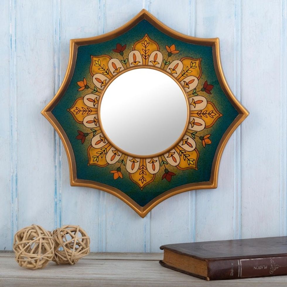 Gold Accented Wall Accent Mirror 'Colonial Crown in Teal'