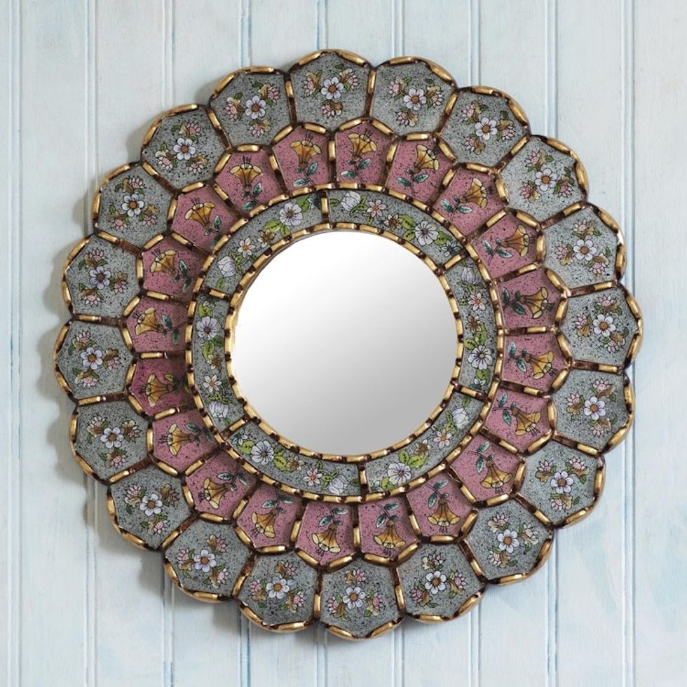 Round Reverse-Painted Glass Mirror 'San Juan Bouquet'