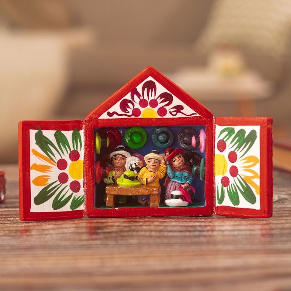 Hand-Painted Hat Store 5 Inch Wood and Ceramic Mini Retablo 'Hat Store'