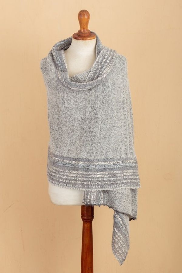 Alternate image for Knit Baby Alpaca Blend Striped Shawl in Grey Hues from Peru Stylish Stripes