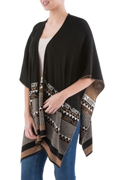 Alternate image for Reversible Alpaca Blend Ruana in Black and Golden Brown Incan Kingdom in Golden Brown