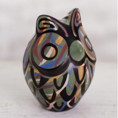 Alternate image for Chulucanas Ceramic Owl Figurine in Green from Peru Green Chulucanas Sentinel