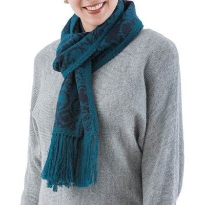 Alternate image for Turquoise and Blue Reversible Alpaca Blend Jacquard Scarf Turquoise and Blueberry