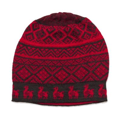 Alternate image for Black and Crimson Red Diamond Motif Alpaca Blend Knit Hat Alpaca Parade in Red