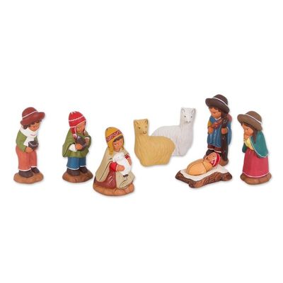 Alternate image for Ceramic Andean Nativity Scene with Llamas from Peru 8 Pcs Andean Birth