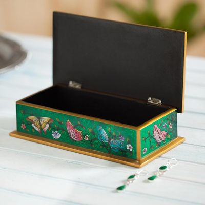 Alternate image for Reverse Painted Glass Butterfly Decorative Box in Emerald Butterfly Jubilee in Emerald