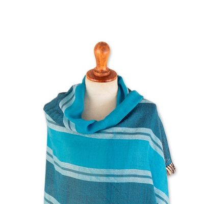 Alternate image for Loomed Striped Cerulean and Midnight 100 Alpaca Shawl Cerulean Lagoon