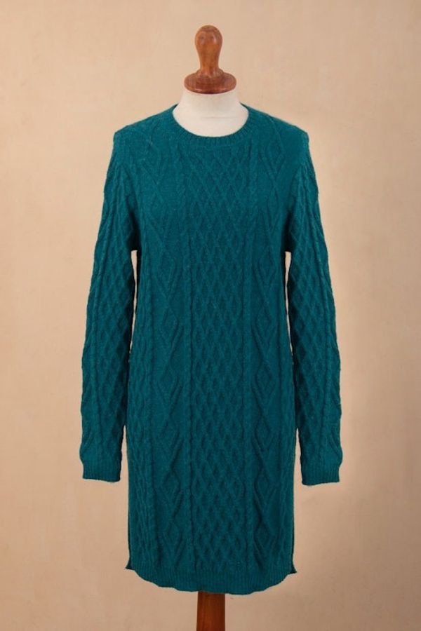 Alternate image for Baby Alpaca Teal Cable Knit Tunic Sweater Dress Winter Teal