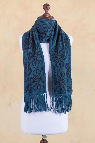 Alternate image for Turquoise and Blue Reversible Alpaca Blend Jacquard Scarf Turquoise and Blueberry