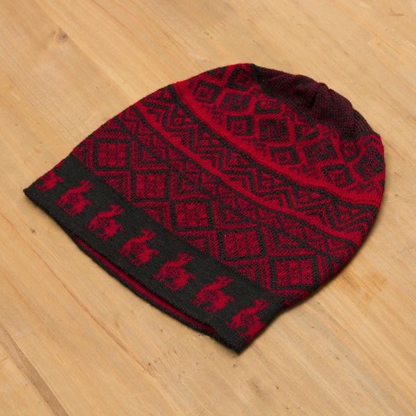 Alternate image for Black and Crimson Red Diamond Motif Alpaca Blend Knit Hat Alpaca Parade in Red