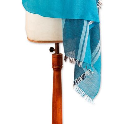 Alternate image for Loomed Striped Cerulean and Midnight 100 Alpaca Shawl Cerulean Lagoon