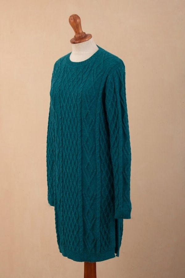 Alternate image for Baby Alpaca Teal Cable Knit Tunic Sweater Dress Winter Teal