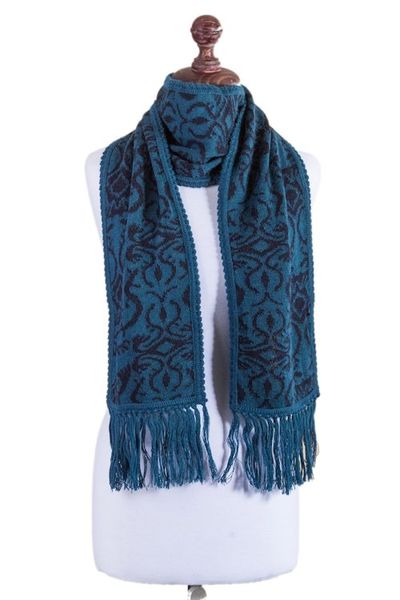 Alternate image for Turquoise and Blue Reversible Alpaca Blend Jacquard Scarf Turquoise and Blueberry