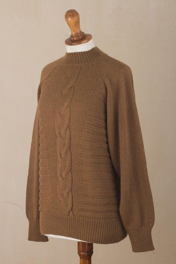 Alternate image for Warm Brown Braided Detail Alpaca Blend Sweater from Peru Braided Sepia