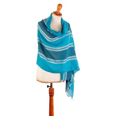 Alternate image for Loomed Striped Cerulean and Midnight 100 Alpaca Shawl Cerulean Lagoon