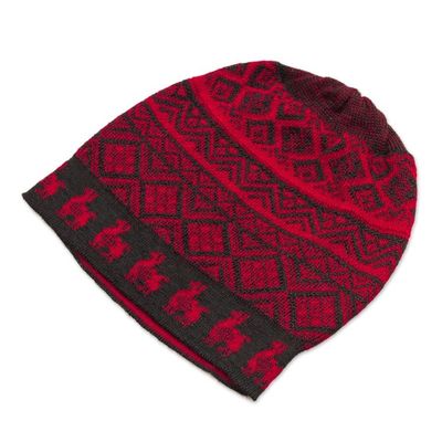 Alternate image for Black and Crimson Red Diamond Motif Alpaca Blend Knit Hat Alpaca Parade in Red