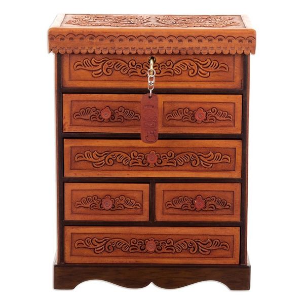Alternate image for Handcrafted Traditional Brown Wood and Leather Jewelry Box Baroque Secrets