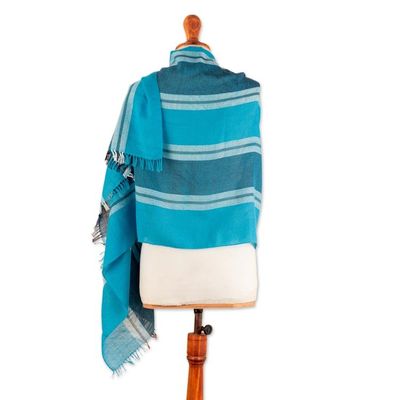 Alternate image for Loomed Striped Cerulean and Midnight 100 Alpaca Shawl Cerulean Lagoon