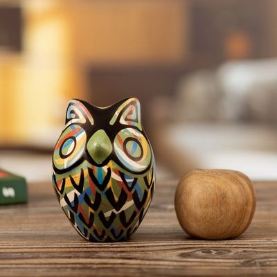 Alternate image for Chulucanas Ceramic Owl Figurine in Green from Peru Green Chulucanas Sentinel
