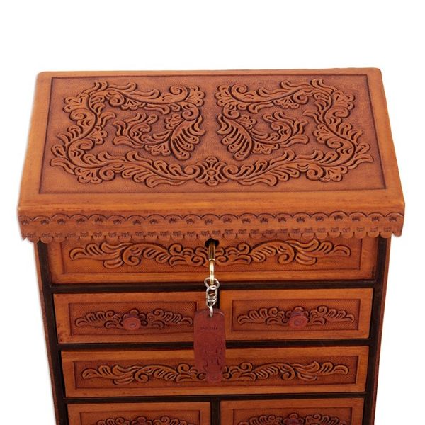 Alternate image for Handcrafted Traditional Brown Wood and Leather Jewelry Box Baroque Secrets