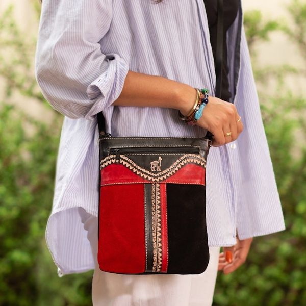 Alternate image for Llama-Themed Red and Black Suede Leather Sling from Peru Cusco Llama