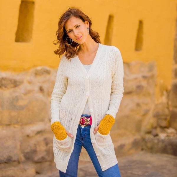 Alternate image for Cable Knit Baby Alpaca Blend Cardigan in Ivory from Peru Comfortable Charm