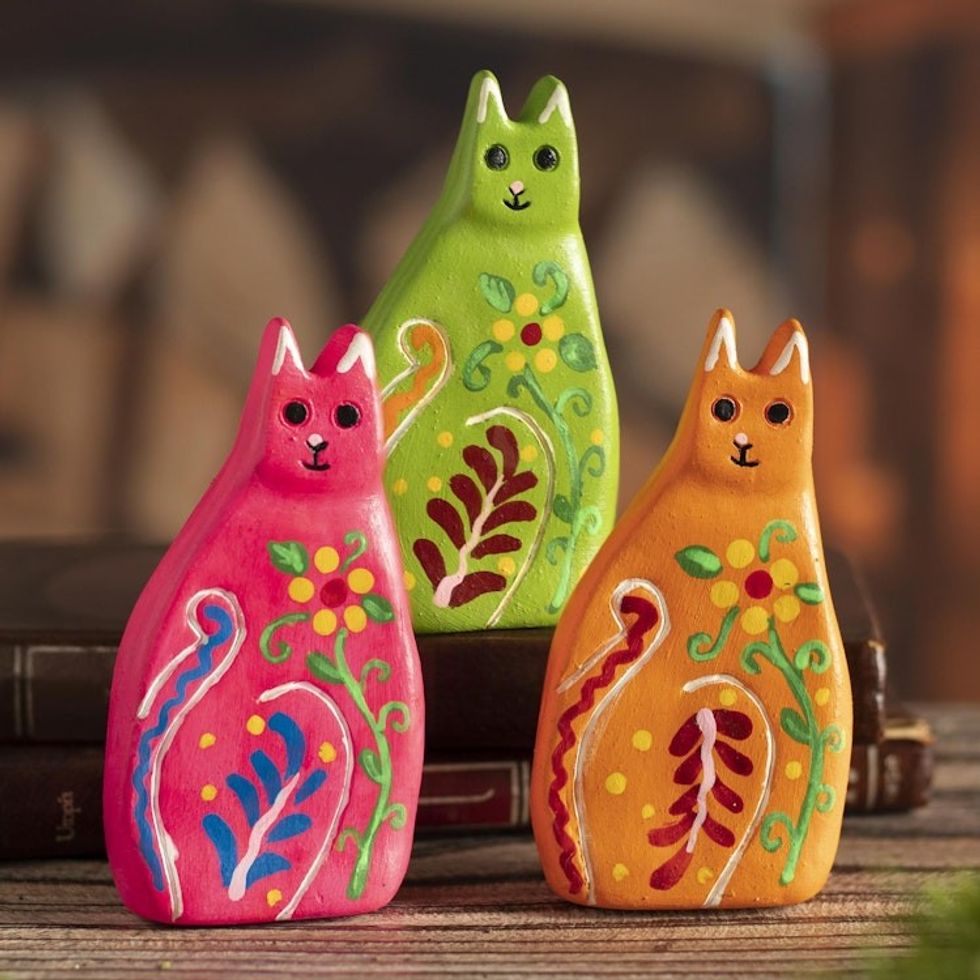 Hand Painted Ceramic Cat Figurines Set of 3 'Colorful Cats'