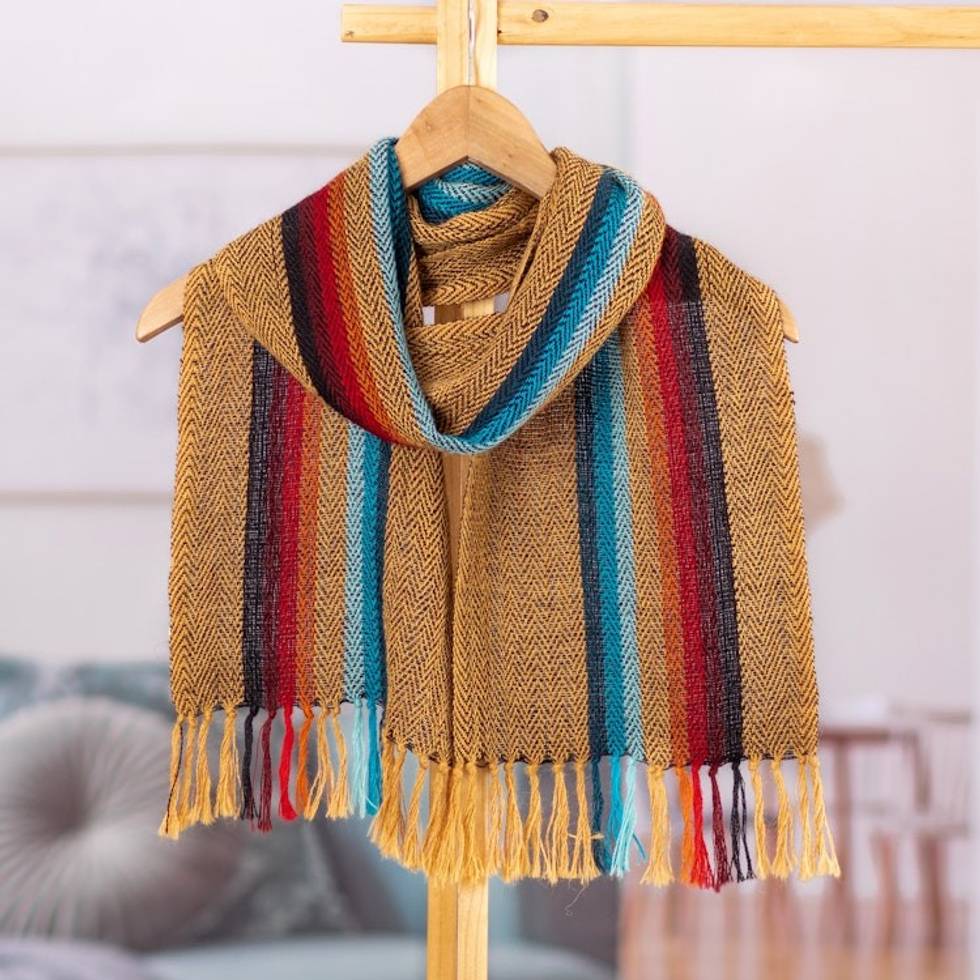 Handwoven Striped Soft Brown 100 Alpaca Scarf with Fringes 'Proud Fields'