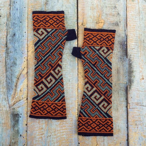 Alternate image for Aqua Orange 100 Baby Alpaca Unisex Knit Fingerless Mitts Andean Style