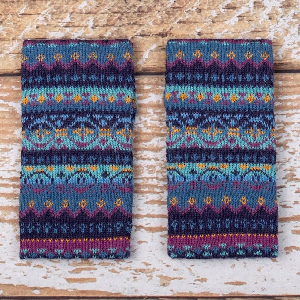 Hand-knit Fingerless Mittens Made with 100 Alpaca in Peru 'Blue Mountain'